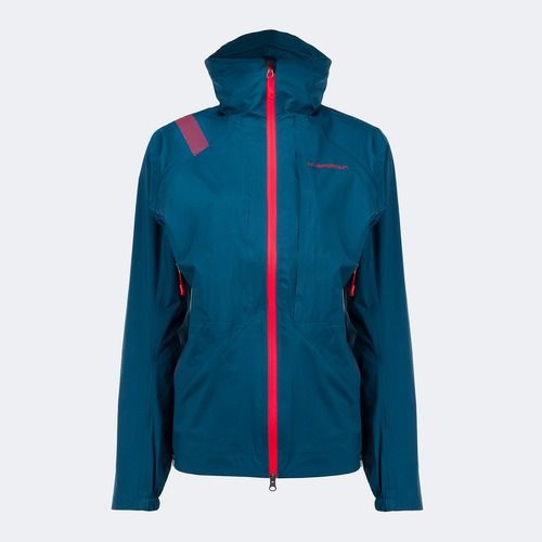 Women's La Sportiva Crizzle EVO Shell storm blue/cherry tomato membrane rain jacket