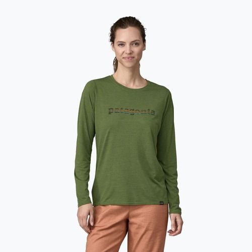 Women's Patagonia Cap Cool Daily Graphic Shirt 73 text logo/terrain green x-dye longsleeve