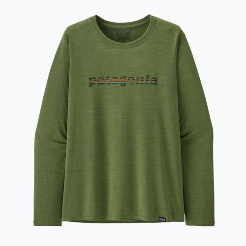 Women's Patagonia Cap Cool Daily Graphic Shirt 73 text logo/terrain green x-dye longsleeve