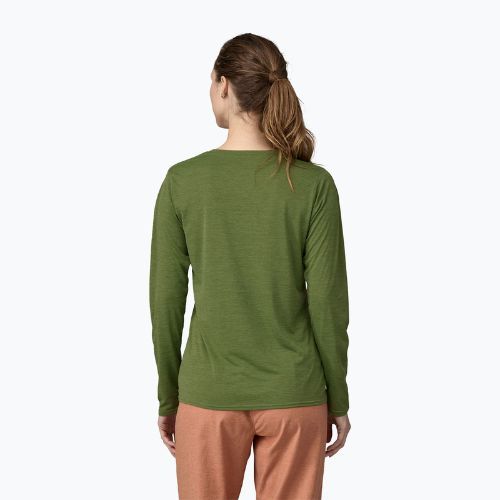 Women's Patagonia Cap Cool Daily Graphic Shirt 73 text logo/terrain green x-dye longsleeve