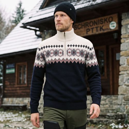 Men's sweater Woolcano SWT1091 Granatowy/Kremowy