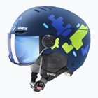 Children's ski helmet UVEX Rocket Visor Jr blue puzzle matt/mirror blue/smoke