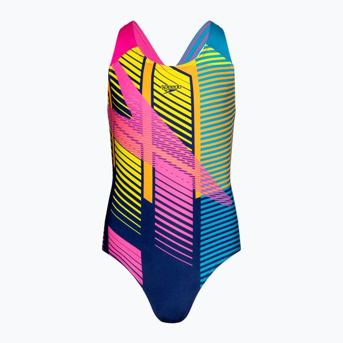 Speedo Digital Placement Splashback children's one-piece swimsuit cerulean blue/flare pink/man peel/bit lime/bolt