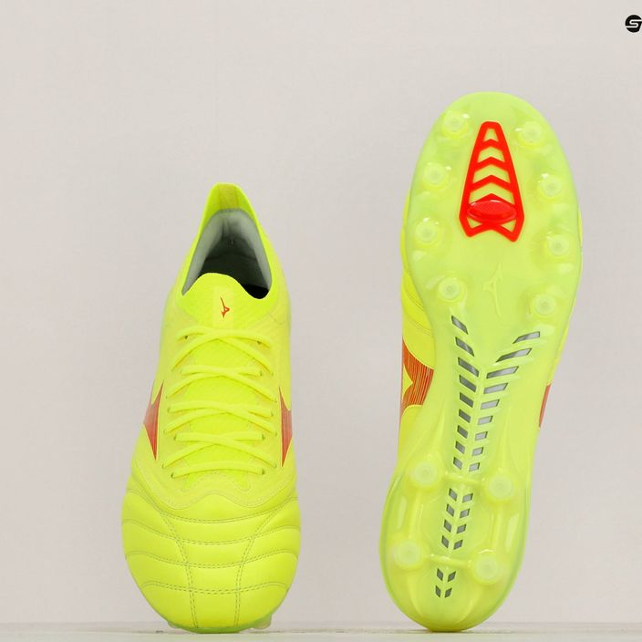 Mizuno Morelia Neo IV Β Elite MD safety yellow/fiery coral 2/galaxy silver men's football boots 11