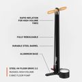Lezyne Steel HV Floor Drive 3.5 100psi flat black bicycle pump 3