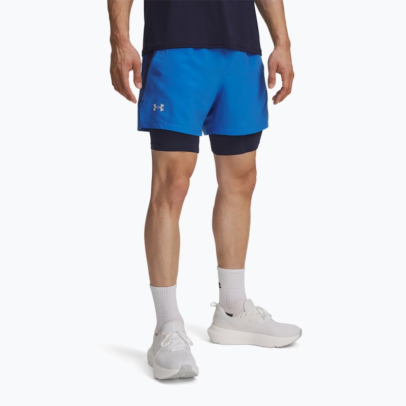 Men's running shorts Under Armour Launch 5" 2in1 blue atlantis/washed navy/reflective