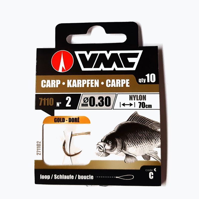VMC Karp Gold methode leader loop hook with barb + line 10 pcs gold 271102