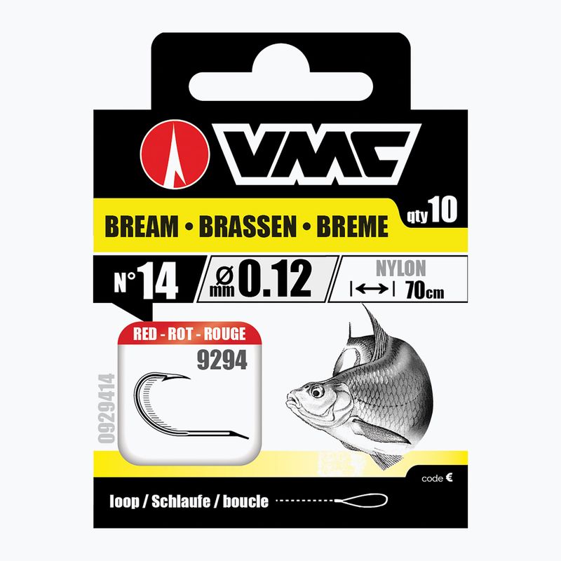VMC Bream methode leader loop hook with barb + line 10 pcs red 929412