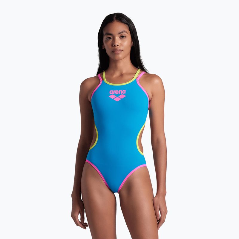Women's one-piece swimsuit arena One Double Cross Back One Piece turquoise/fluo pink/soft green 6