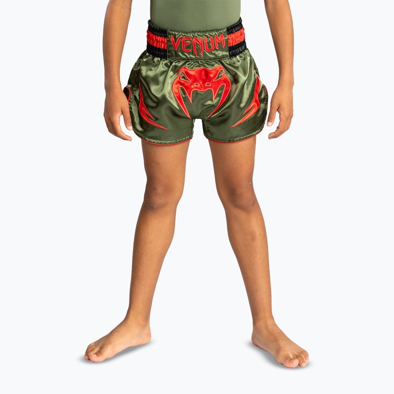 Children's training shorts Venum Inferno Kids Muay Thai army green/orange