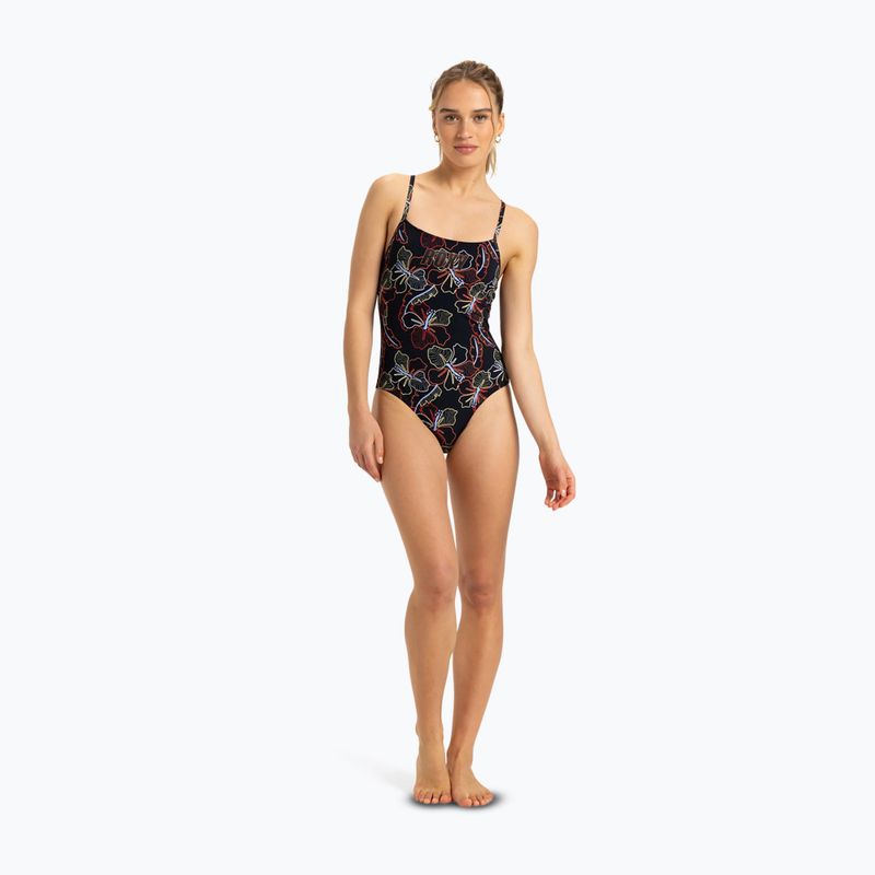 Women's one-piece swimsuit ROXY Active Basic Printed anthracite athletic hibiscus 2