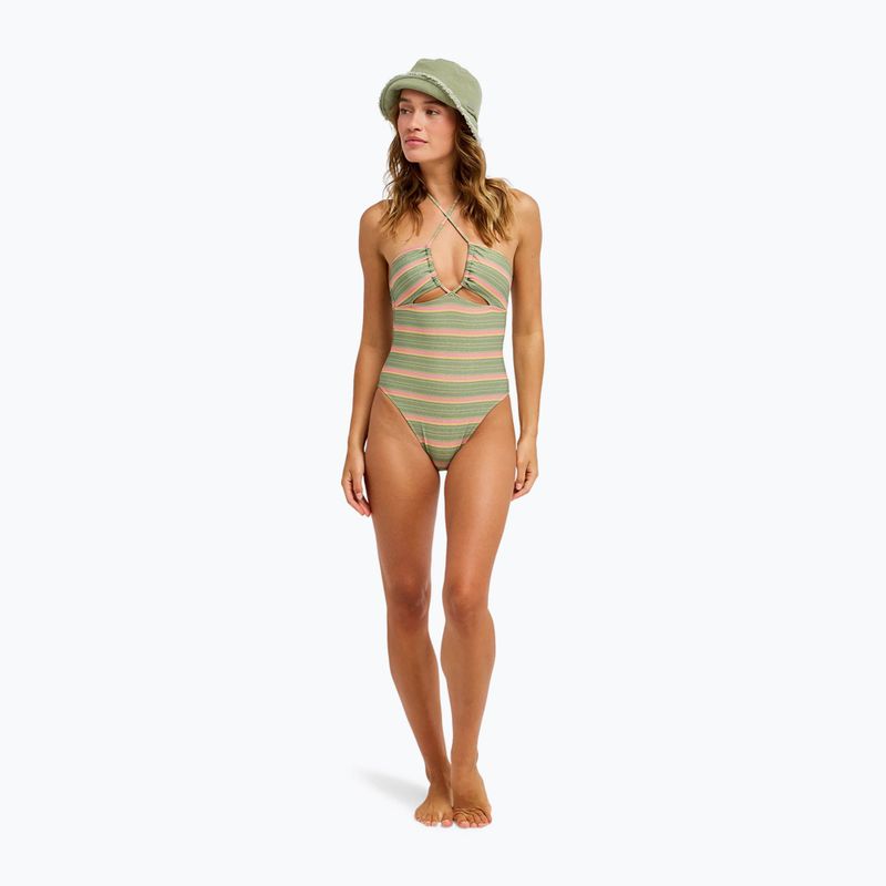 Women's one-piece swimsuit ROXY Dreamer HI oil green say it with stripes 2