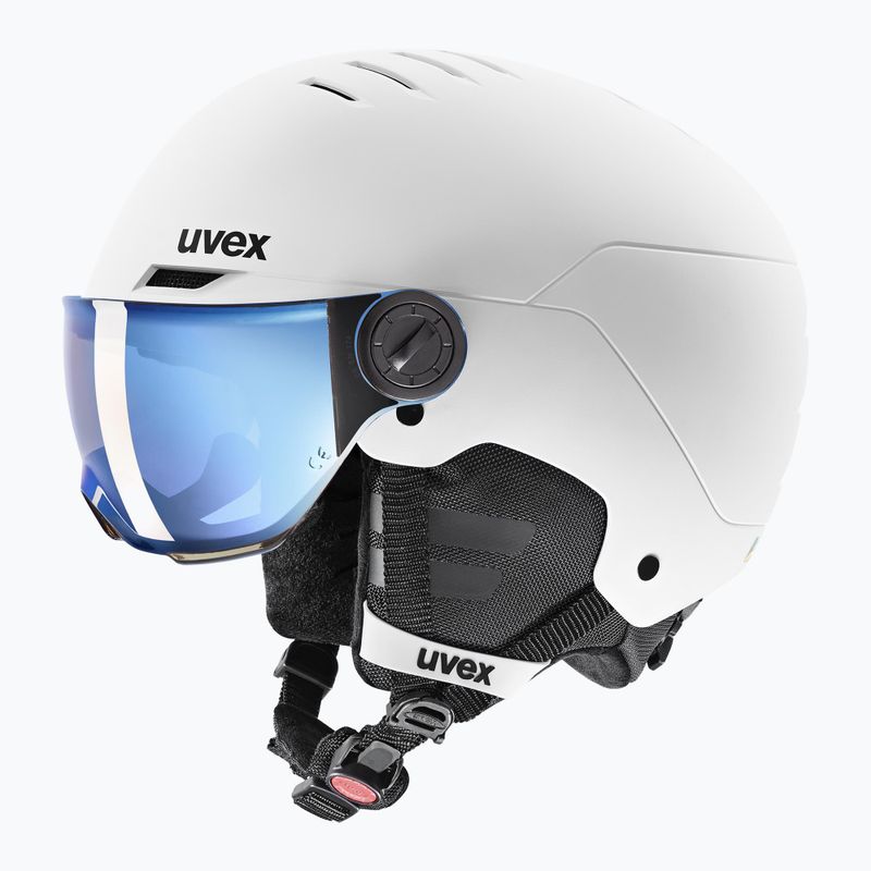 Children's ski helmet UVEX Rocket Visor Jr white/black matt/mirror blue/smoke