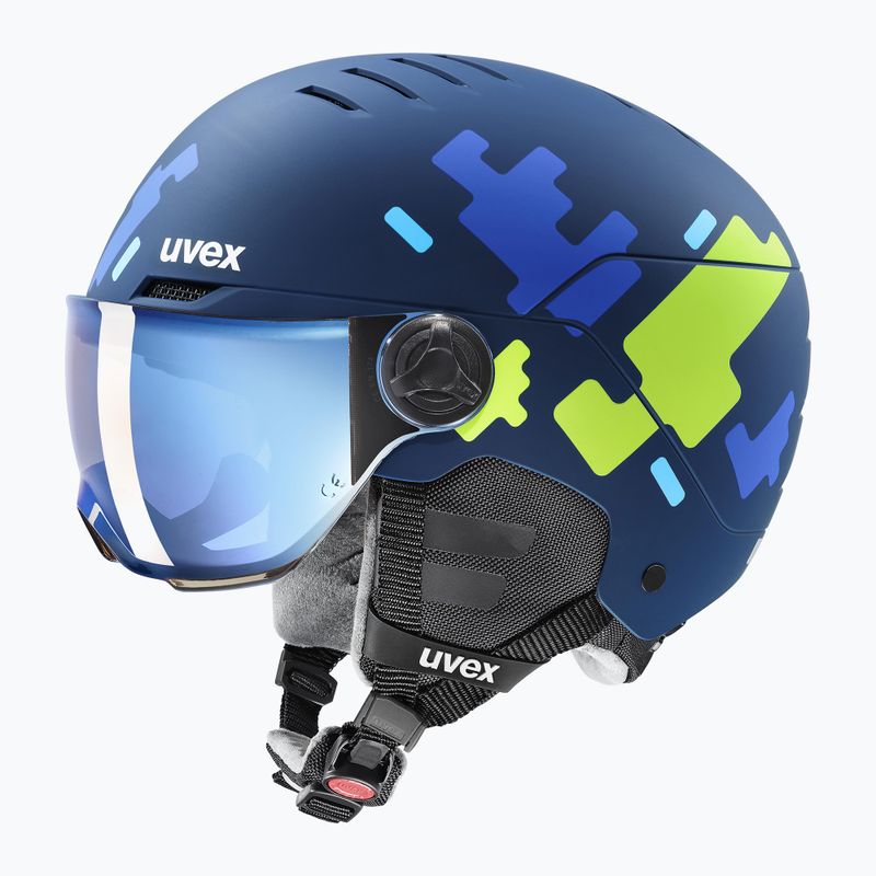 Children's ski helmet UVEX Rocket Visor Jr blue puzzle matt/mirror blue/smoke
