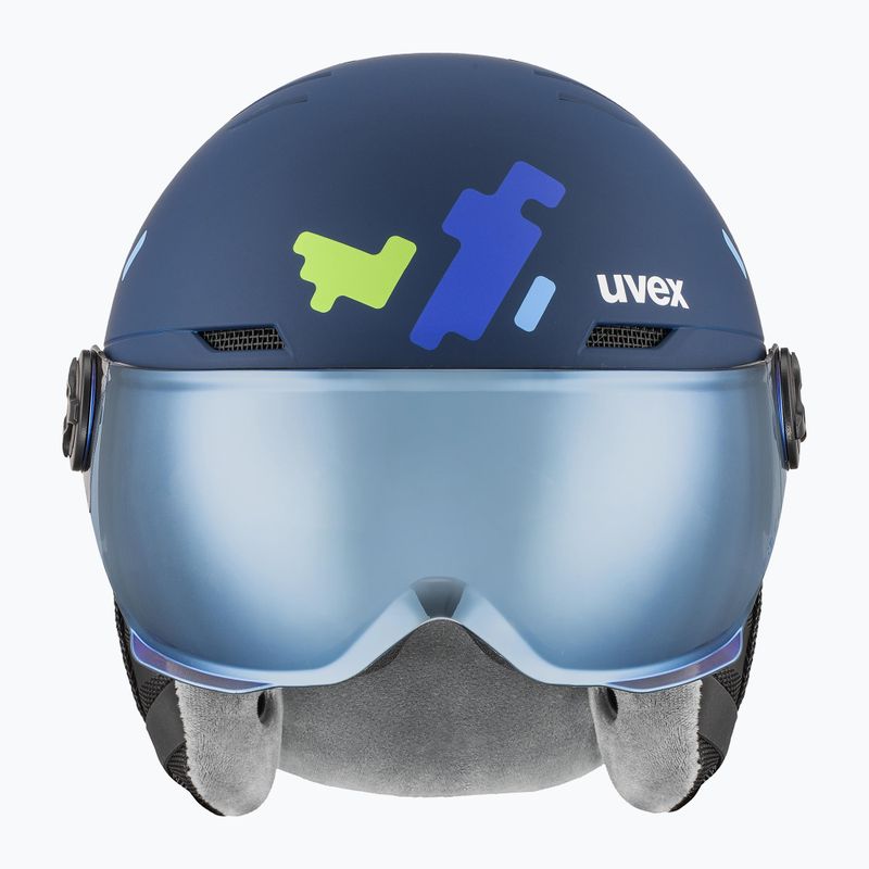 Children's ski helmet UVEX Rocket Visor Jr blue puzzle matt/mirror blue/smoke 2