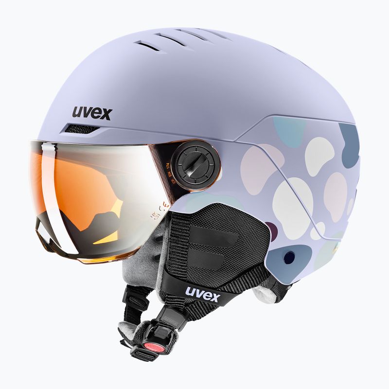 Children's ski helmet UVEX Rocket Visor Jr cool lavender abstract matt/mirrorsilver/lasergold
