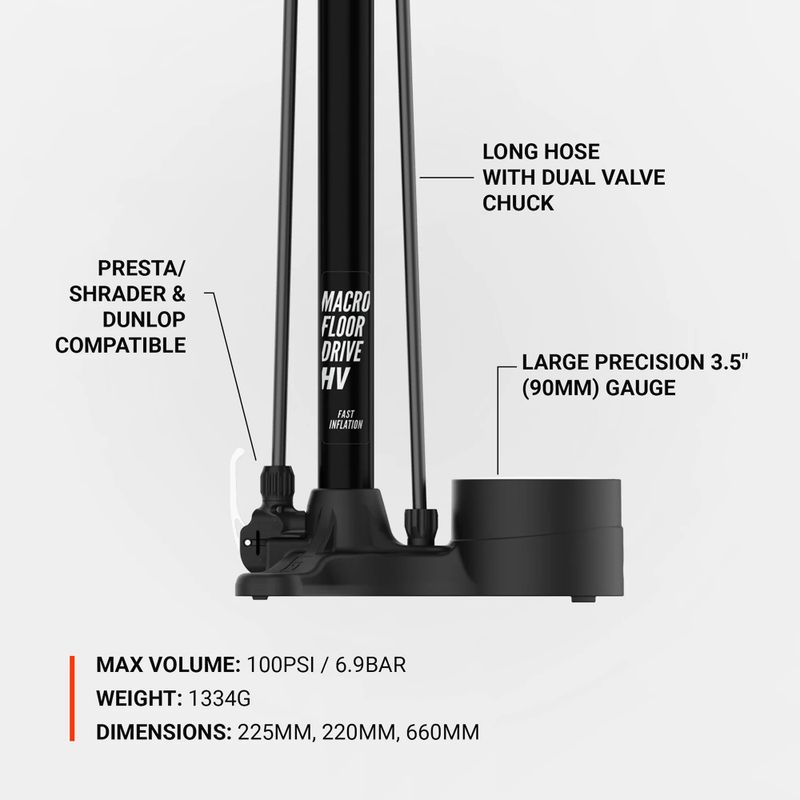 Lezyne Macro HV Floor Drive DV 100psi flat black bicycle pump 6