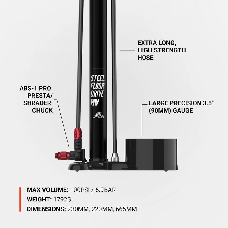 Lezyne Steel HV Floor Drive 3.5 100psi flat black bicycle pump 4