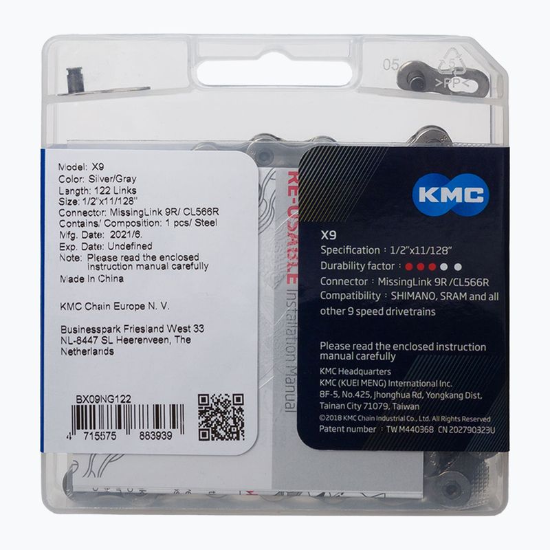 KMC X9 bicycle chain 122 links 9rz silver-grey BX09NG122 2