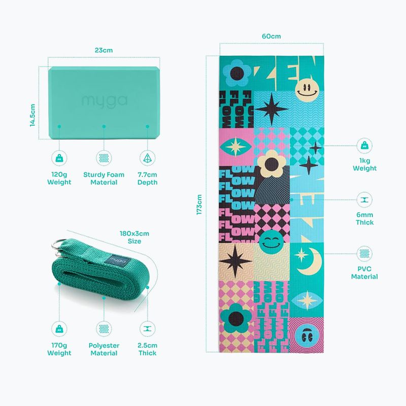 Yoga kit Myga Spirit Yoga Set mat + block + strap turquoise 13