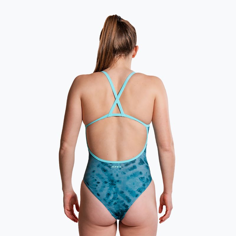 Women's one-piece swimsuit ZONE3 Strap Back teal tie dye 5
