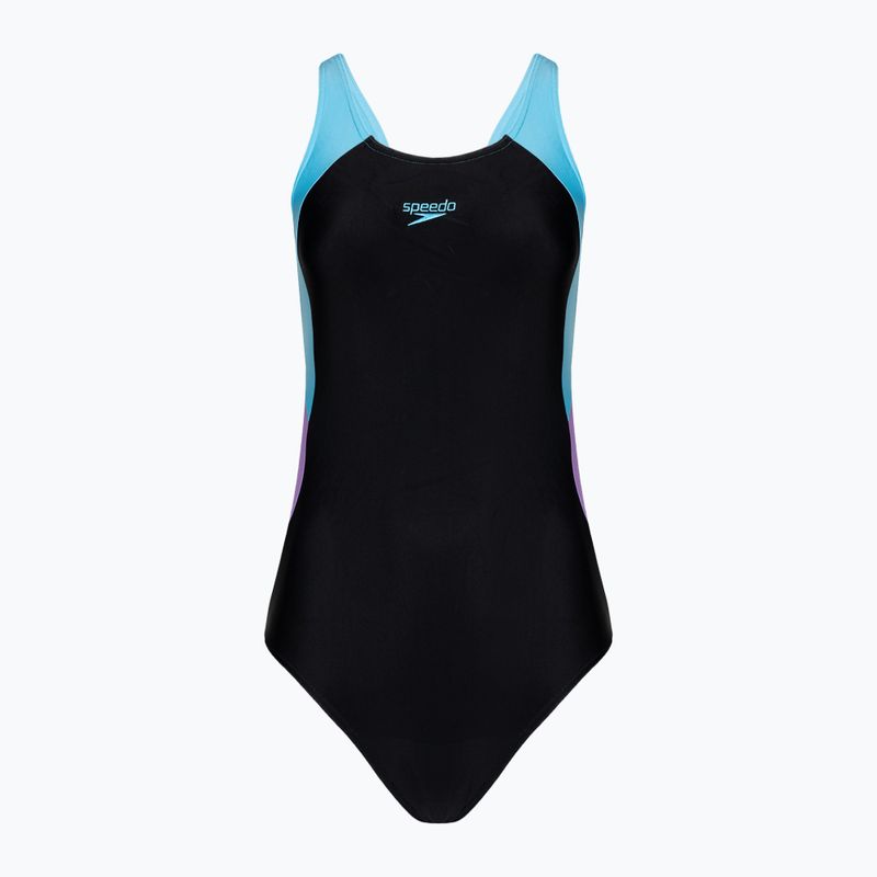 Speedo Colourblock Splice Muscleback women's one-piece swimsuit black/sweet purple/picton blue