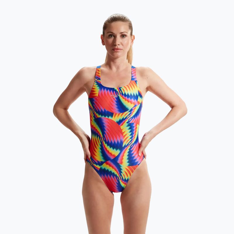 Speedo women's swimsuit Allover Digital Leaderback watermelon/flare pink/man peel/lemon drizzle 6