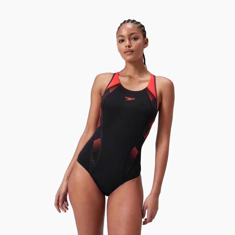 Speedo Placement Laneback one-piece swimsuit black/siren red/plum dandy 6