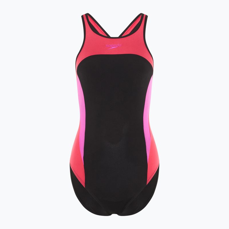 Speedo women's one-piece swimsuit High Neck Splice Cross Back raspberry fill