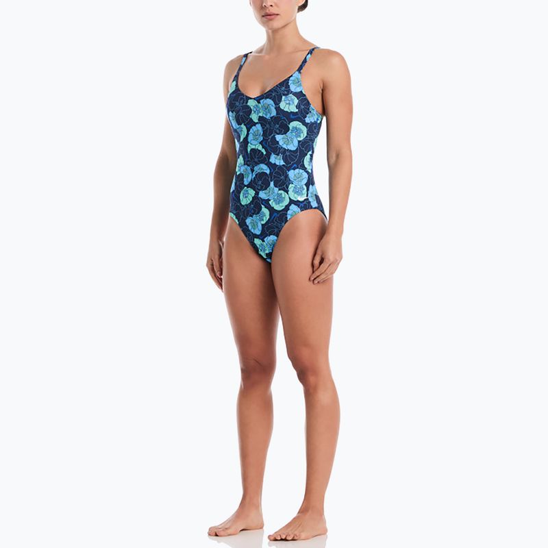 Women's one-piece swimsuit Nike Poppy Print V-Neck midnight navy 2