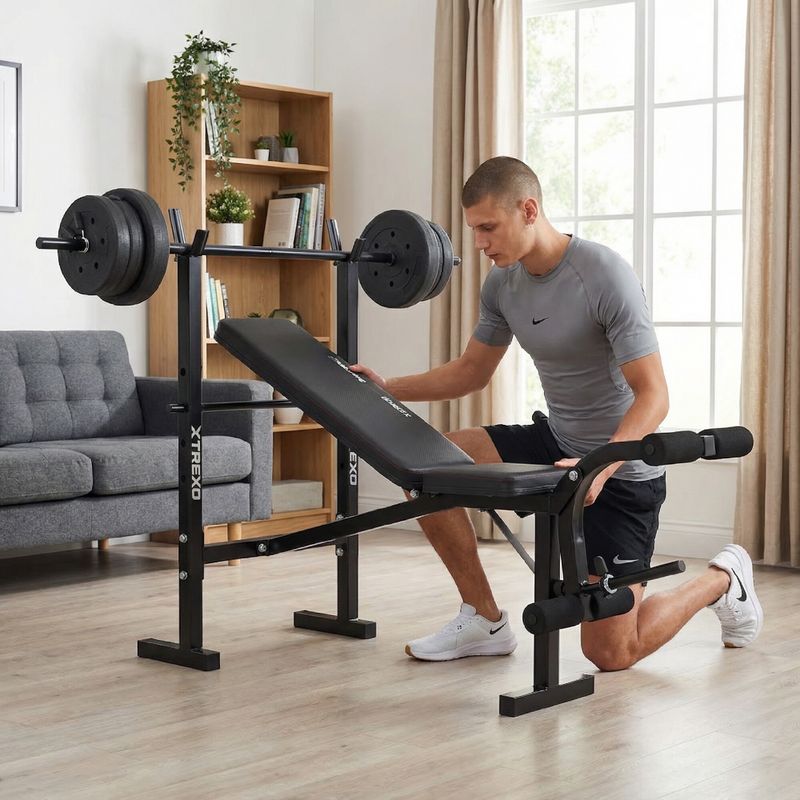 XTREXO BenchFit Lite training bench with stand and barbell black 5
