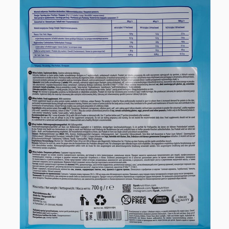 Whey 6PAK Isolate 700g white chocolate PAK/049#BICZE 2