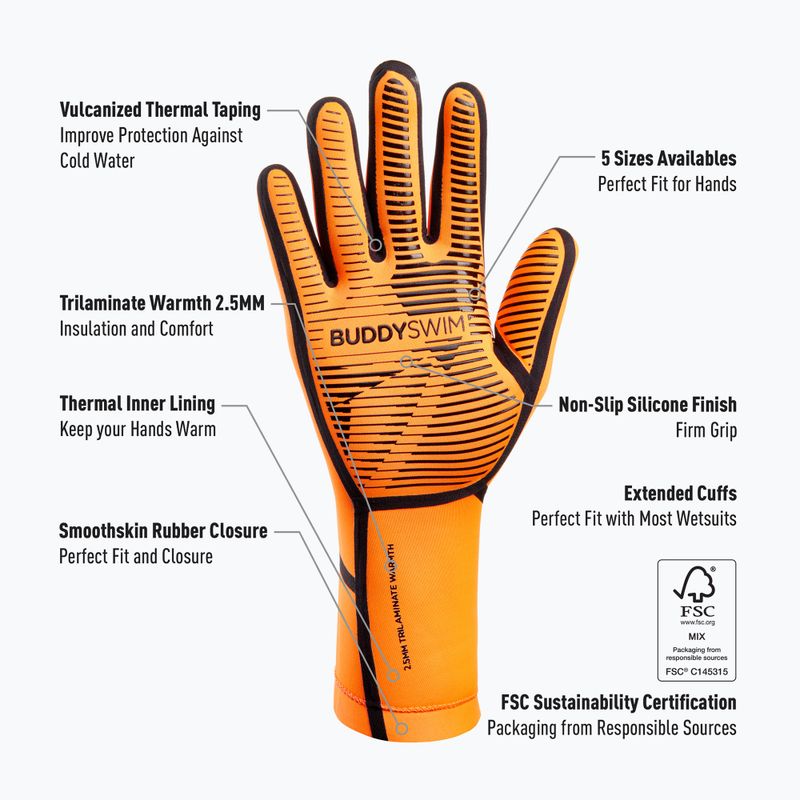 BuddySwim Trilaminate Warmth 2.5 mm orange neoprene glove 2