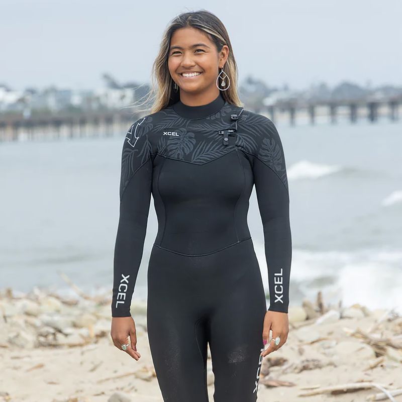 Women's swimming wetsuit Xcel Comp 3/2 mm Full black/black palm/monstera print 7