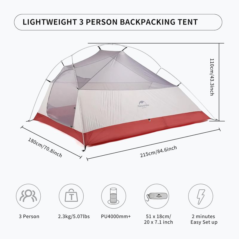 Naturehike Updated Cloud Up 3 person trekking tent light grey/red 6