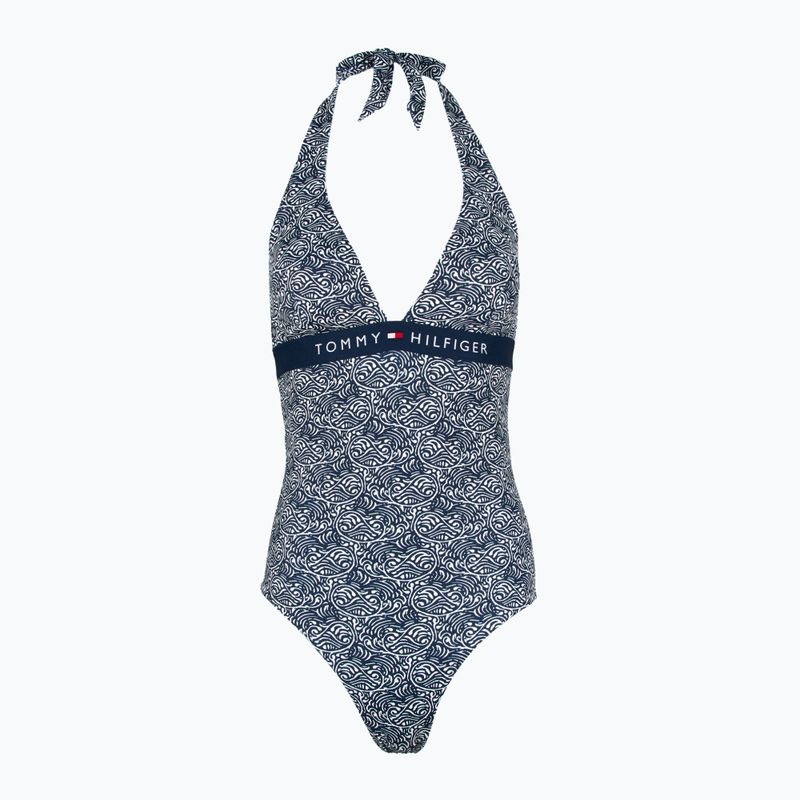 Tommy Hilfiger women's one piece swimsuit Halter One Piece Rp Print illustrated wave dark night navy