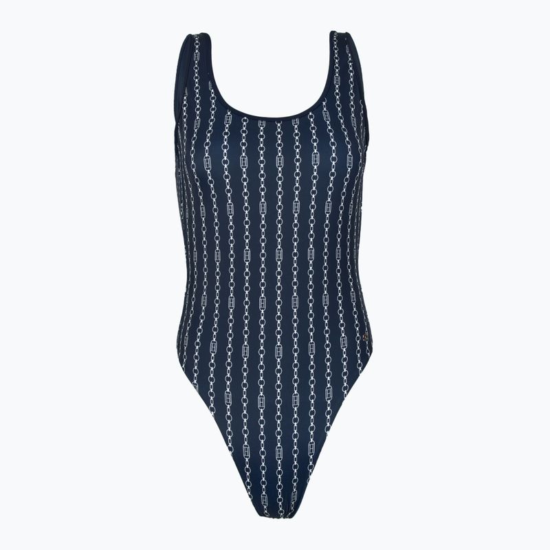 Tommy Hilfiger women's one piece swimsuit One Piece Print (Ext) flag chain dark night navy
