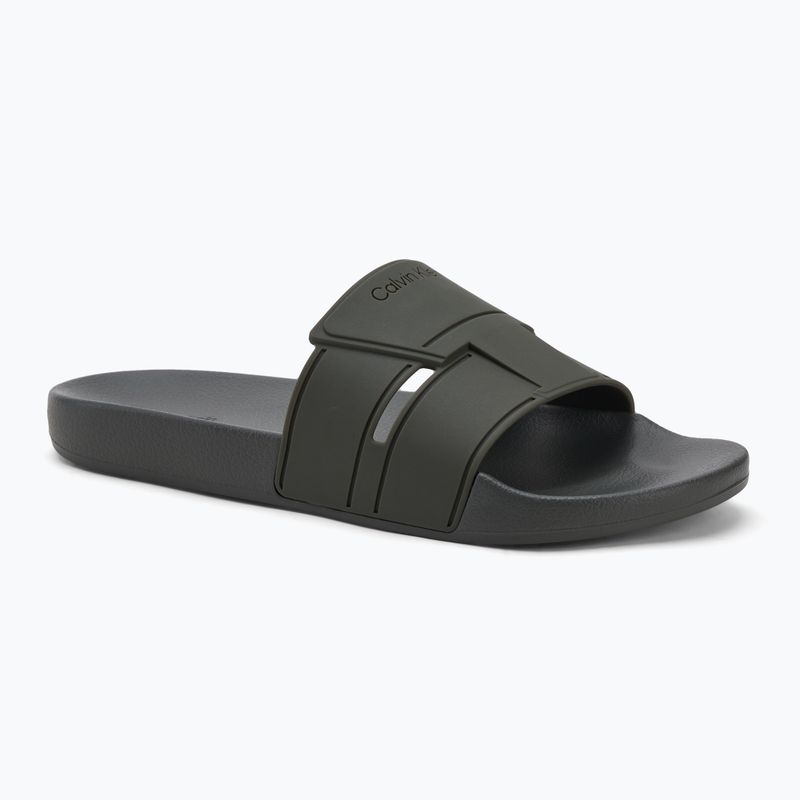 Calvin Klein men's flip-flops HM0HM01752 Pool Slide Double T dark olive