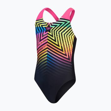 Speedo Digital Placement Splashback children's one-piece swimsuit black/lemon driz/flare pink/true cobalt