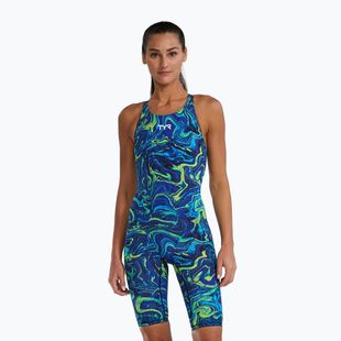 Ladies' one-piece swimsuit TYR Thresher Open Back Hyperblitz blue/green