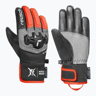 Children's ski gloves Reusch Worldcup Warrior R-Tex XT Junior black/silver/fluo red