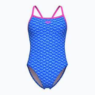 Women's one-piece swimsuit arena Monogram Challenge back blue river multi/shocking pink