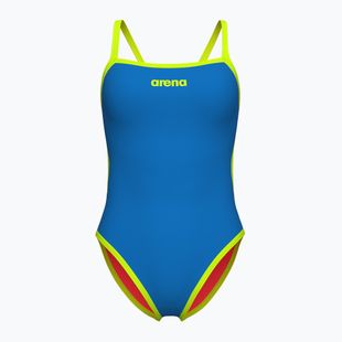 Women's one-piece swimsuit arena Solid Rev Challenge Back blue river/bright coral/artic lime