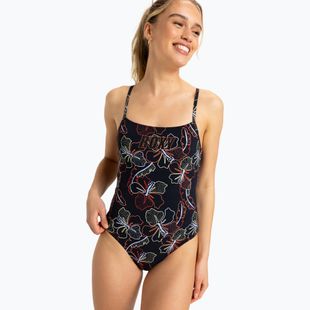 Women's one-piece swimsuit ROXY Active Basic Printed anthracite athletic hibiscus
