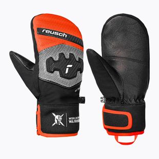 Children's ski gloves Reusch Worldcup Warrior Prime R-Tex XT Mitten black/silver/fluo red