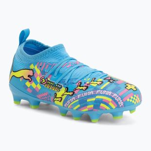Children's football boots PUMA Future 9 Match Advanced Level FG/AG Jr puma white/blue glimmer/pink glimmer/yellow alert