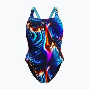 Women's one-piece swimsuit Speedo Allover Digital Leaderback lava blur/speedo black