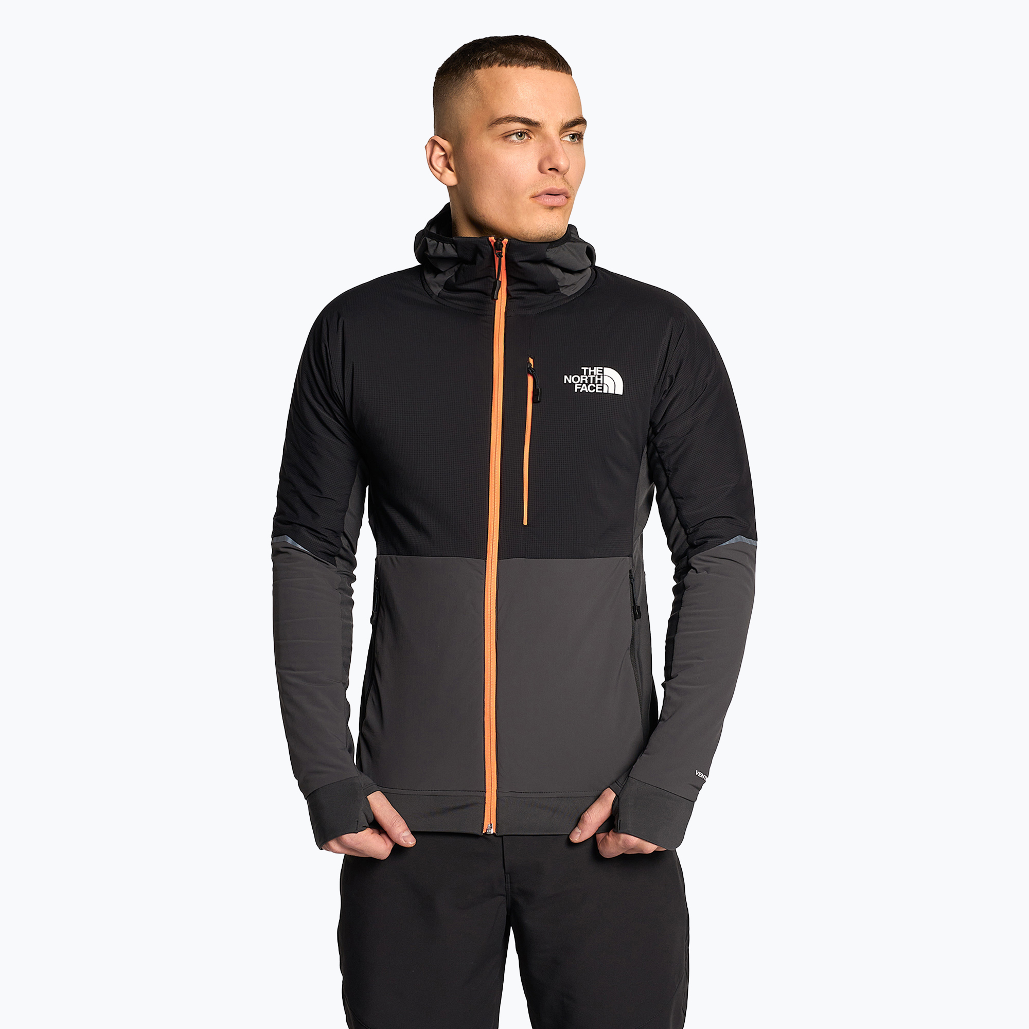 Men's ski jacket The North Face Dawn Turn Hybrid Ventrix Hoodie asphalt grey/black/shocking orange (XL)