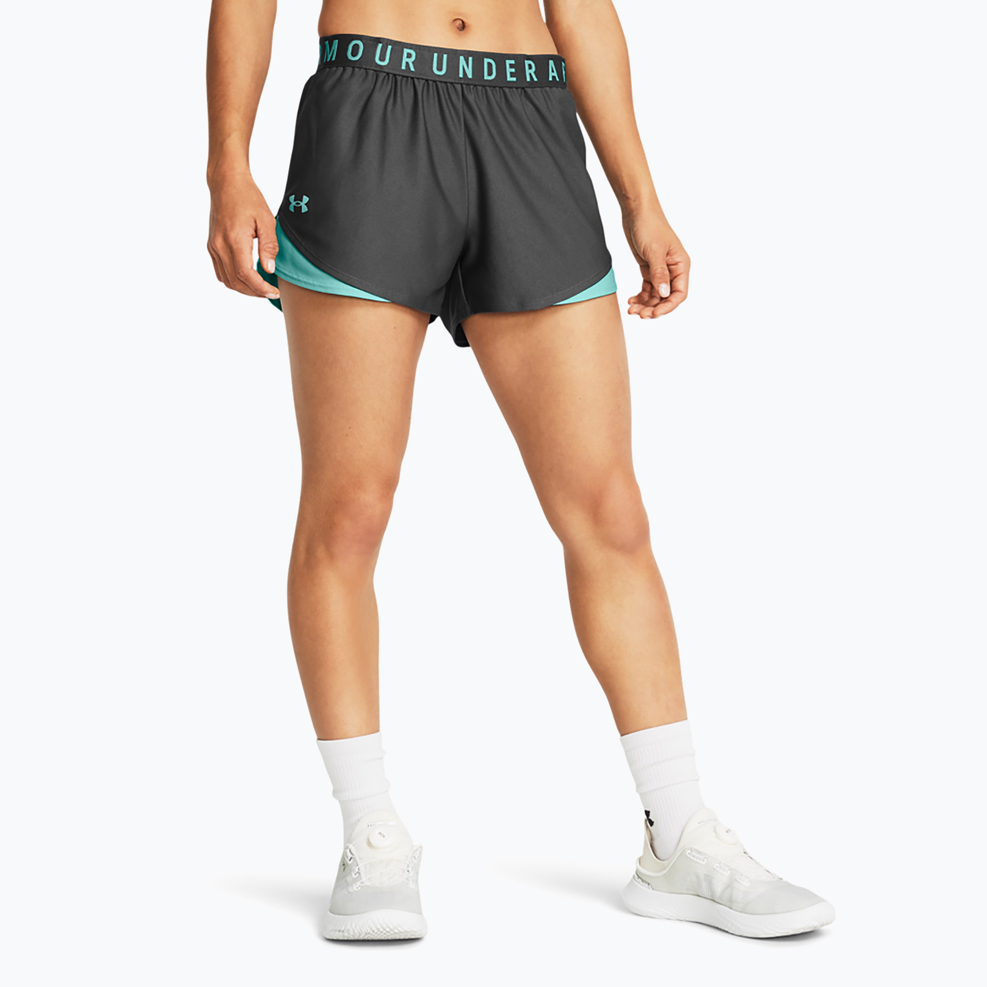 Under Armour women's Play Up 3.0 castlerock/radial turquoise/radial turquoise shorts (L)