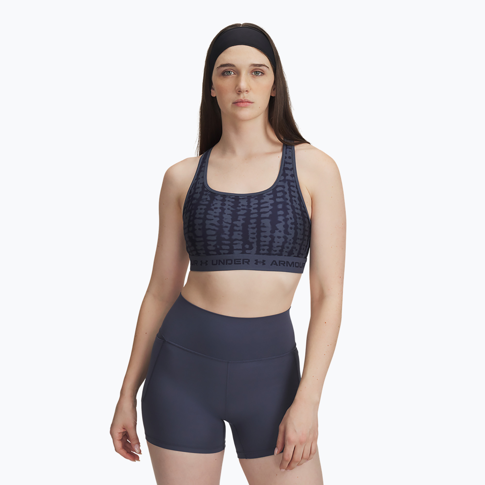 Training bra Under Armour Crossback Mid Print downpour gray/midnight navy/midnight navy (S)